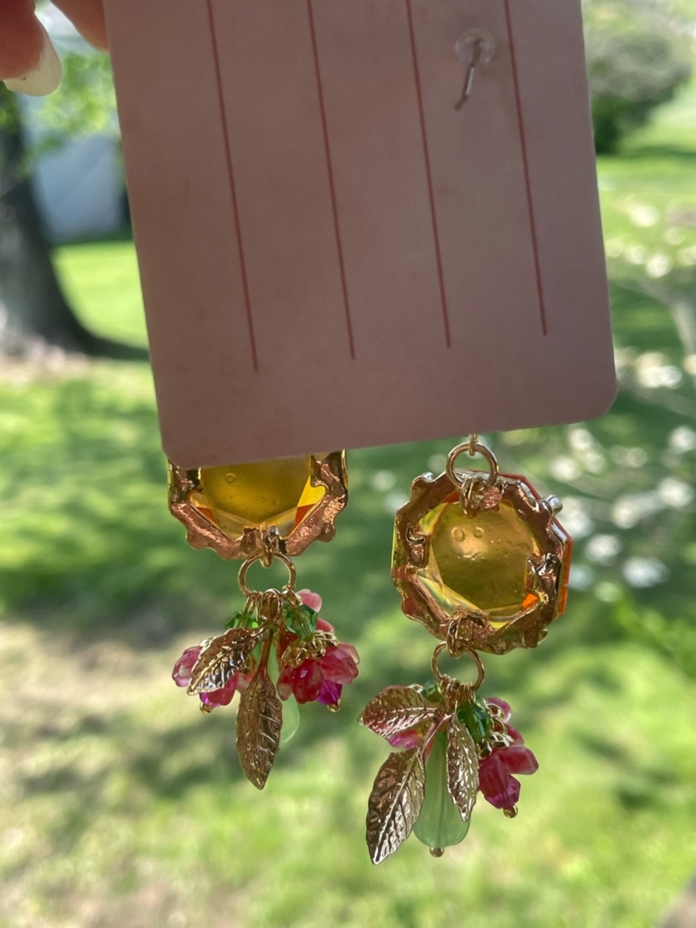 Gold Bee Drop Earrings with Orange Crystal and Pink-Green Accents - Picture 8 of 11